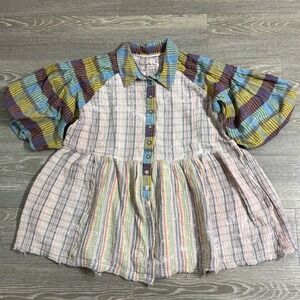 We The Free People Moon Bay Mixed Plaid Blouse Button-up Tunic‎ Boho Indie Small